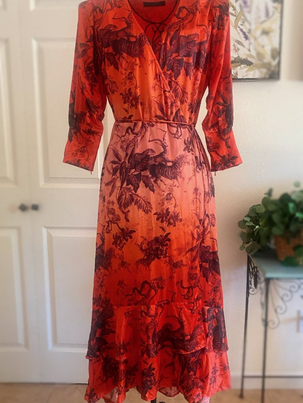 All Saints Red and Black Floral Print Midi Dress